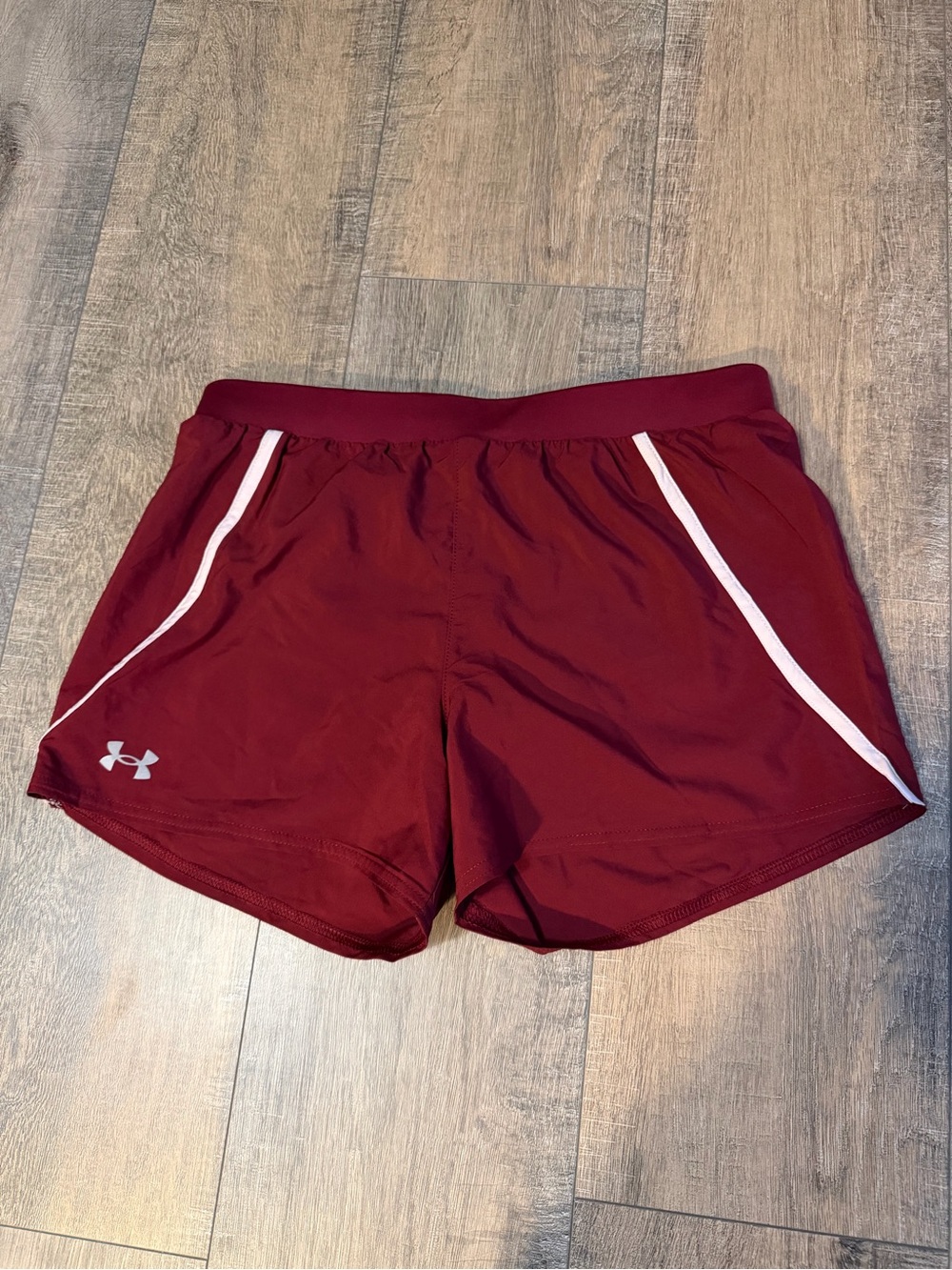 Under Armour Women's Maroon Athletic Running Shorts with White Trim